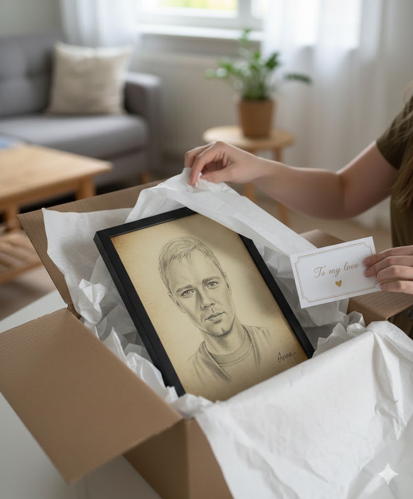 Retrato dibujado a mano siendo retirado de una caja de regalo con tarjeta 'To my love'